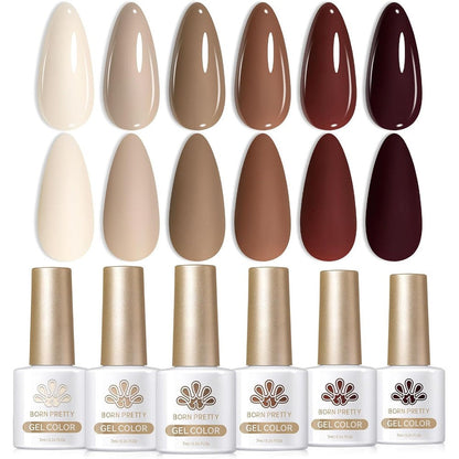 Born Pretty 6 piece nude brown gel nail polish set front view