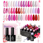 Beetles gel nail polish set front view showing twenty colorful bottles and top coats