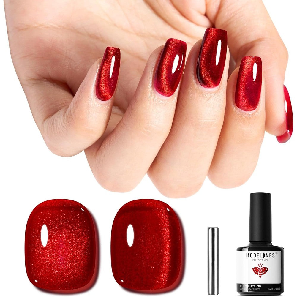 Modelones Red Cat Eye Gel Nail Polish front view