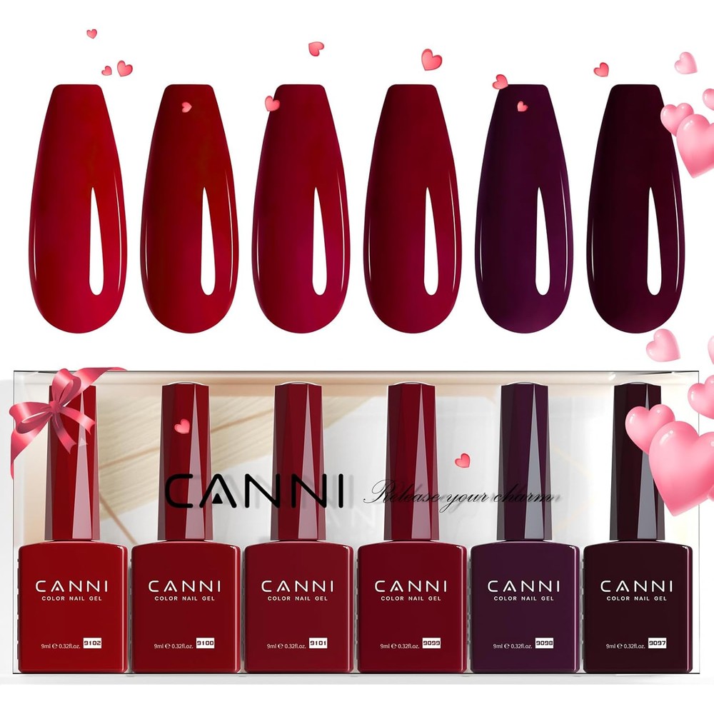 Canni Hema Free Dark Red Gel Polish 6 Color Set front view