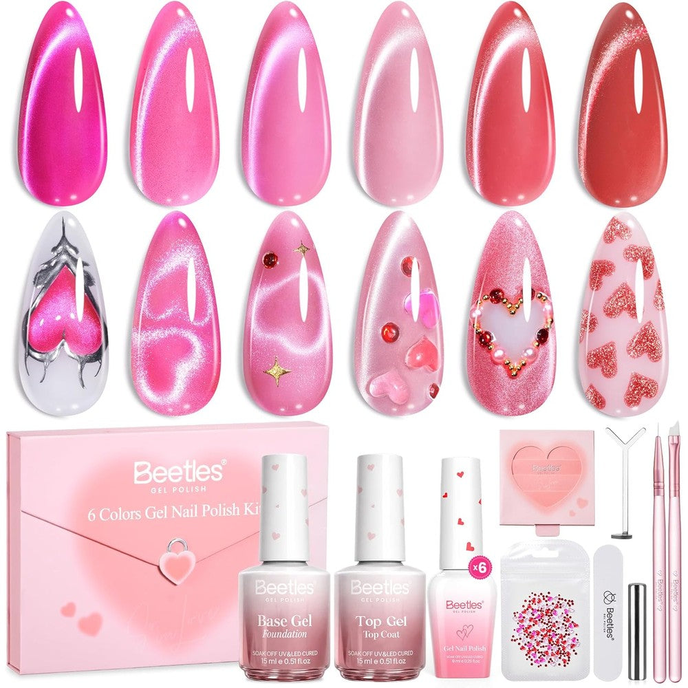 Beetles Pink Cat Eye Gel Nail Polish Set with 6 romantic colors and magnets