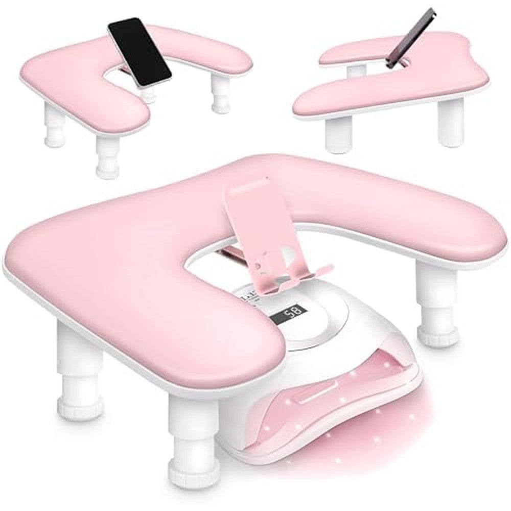 Adonafy U-shaped nail arm rest in pink with phone holder front view