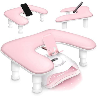 Adonafy U-shaped nail arm rest in pink with phone holder front view