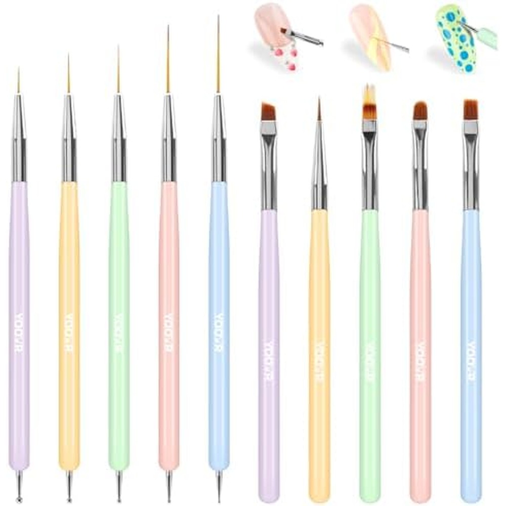 Yoovr 10 piece nail art brush set with pastel handles front view