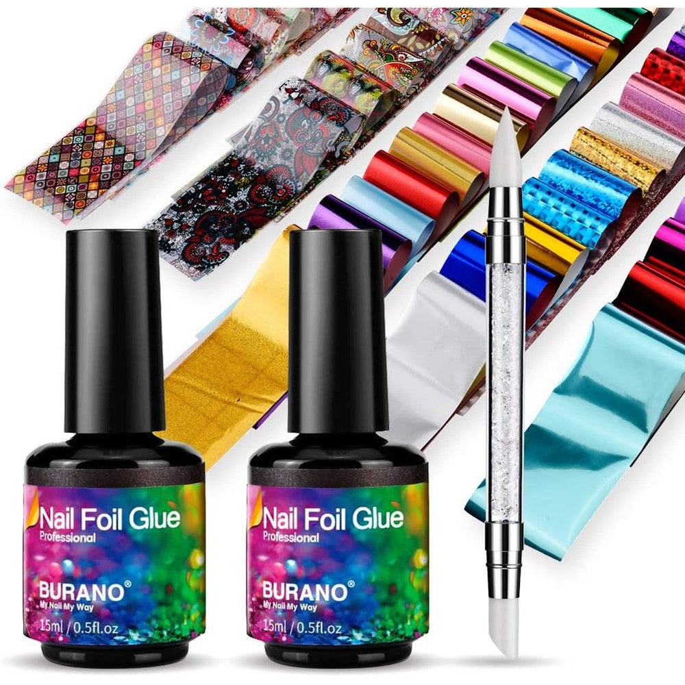Burano nail art foil glue gel 15 milliliter set with 60 foil stickers front view