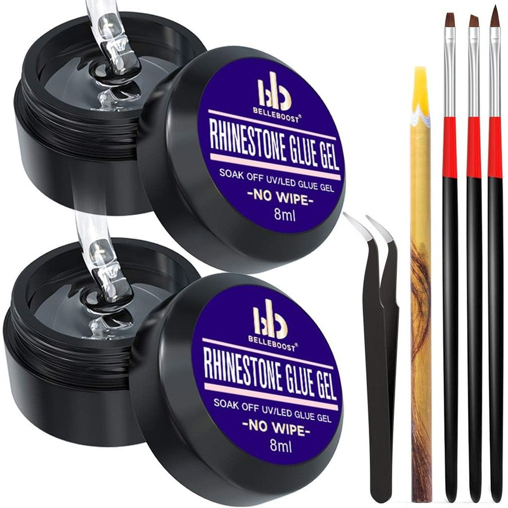 Belleboost no wipe rhinestone glue gel set with applicator tools front view