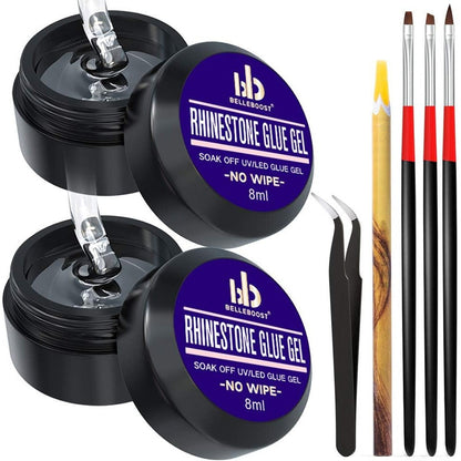 Belleboost no wipe rhinestone glue gel set with applicator tools front view