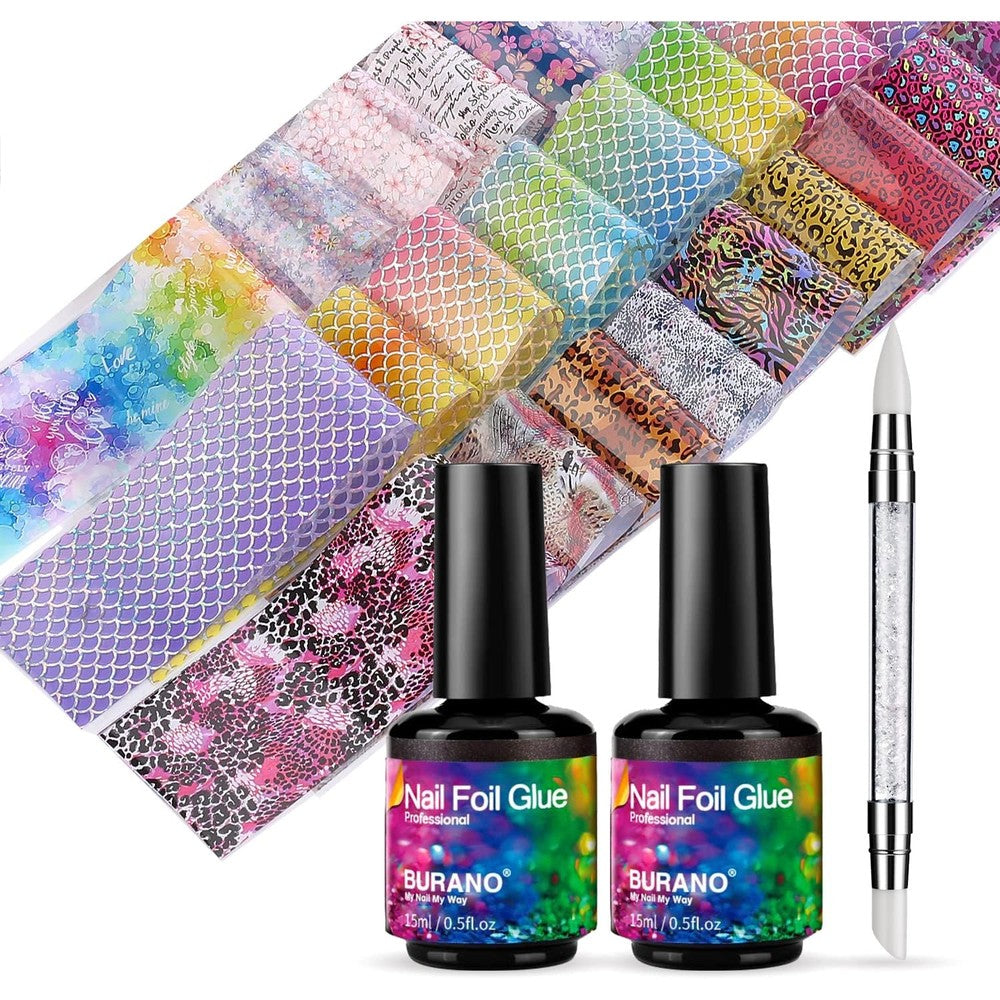 BURANO Nail Foil Glue Gel kit with two bottles and foil stickers