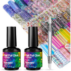 Burano nail art foil glue gel front view showing bottles and stickers