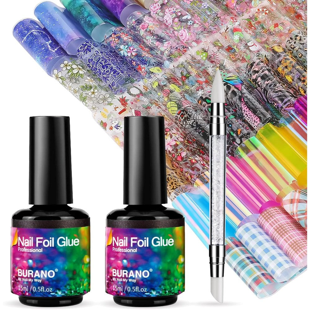 Burano nail art foil glue gel kit with 70 foil stickers front view