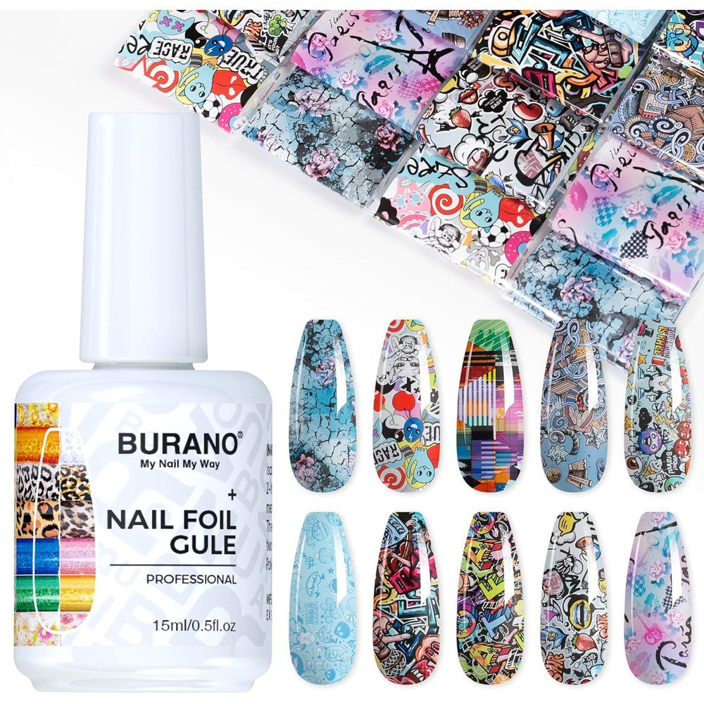Burano Nail Art Nail Foil Glue Gel 0.5 Fluid Ounce With 10 Pieces Foil Stickers Set For DIY Manicure UV LED Lamp Required Design Foil 17 - Image 1