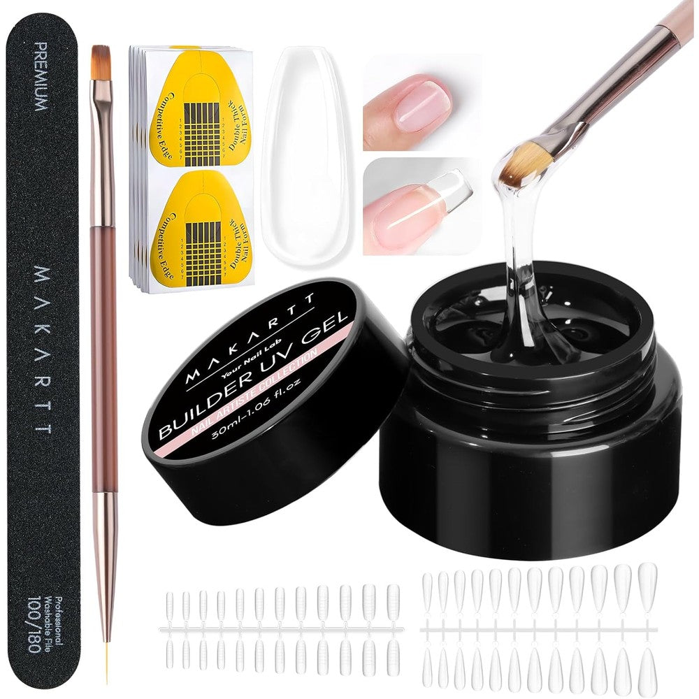 Makartt Clear Gel Builder Kit front view including 30ml bottle and tools