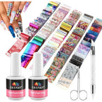 Ebanku nail art foil transfer sticker set front view showcasing bottles and foil sheets