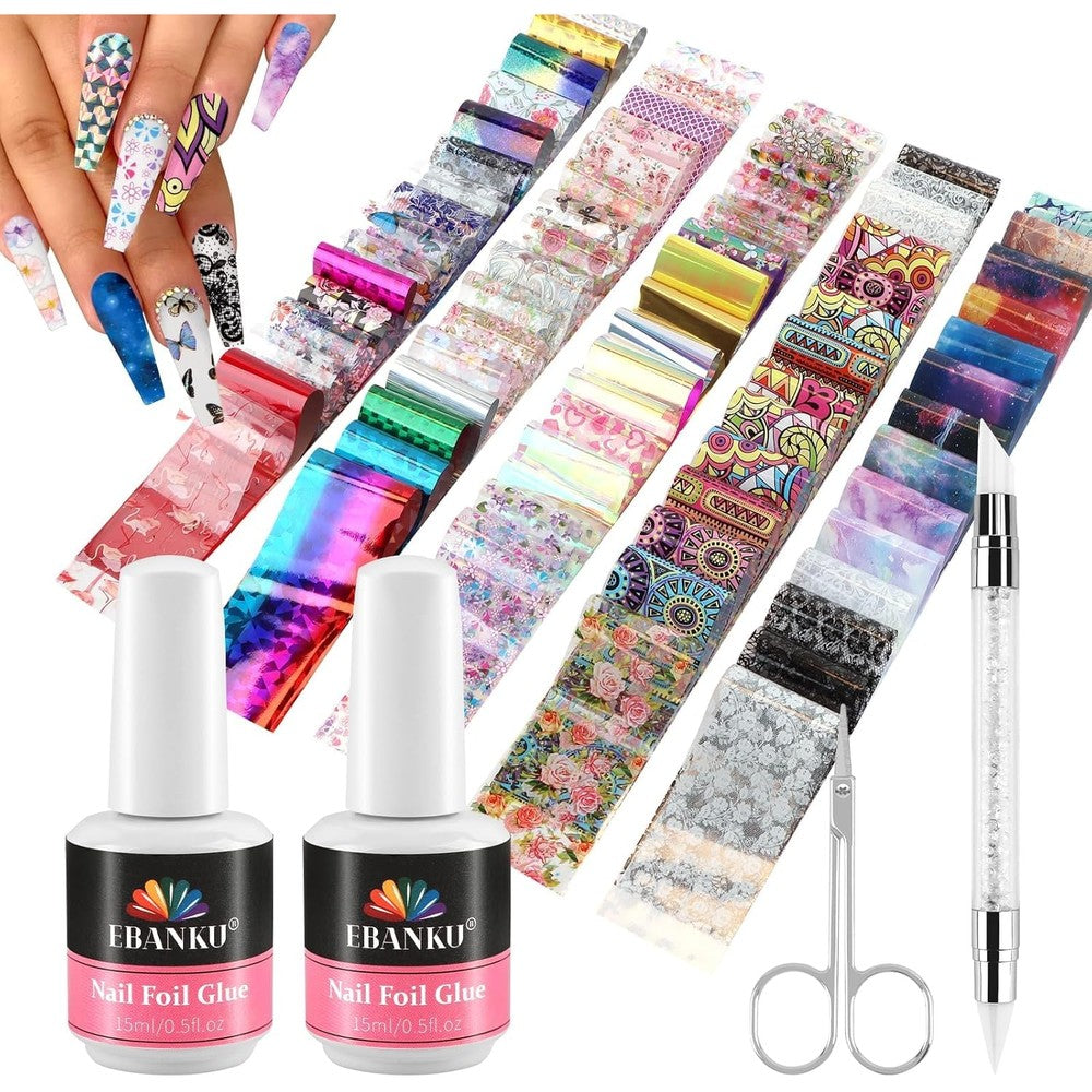 Ebanku 80 Pcs Nail Art Foil Set with Glue Gel front view