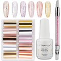 Gzmayuen nail foil transfer gel kit front view with bottles and stickers.