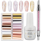 Gzmayuen nail foil transfer gel kit front view with bottles and stickers.