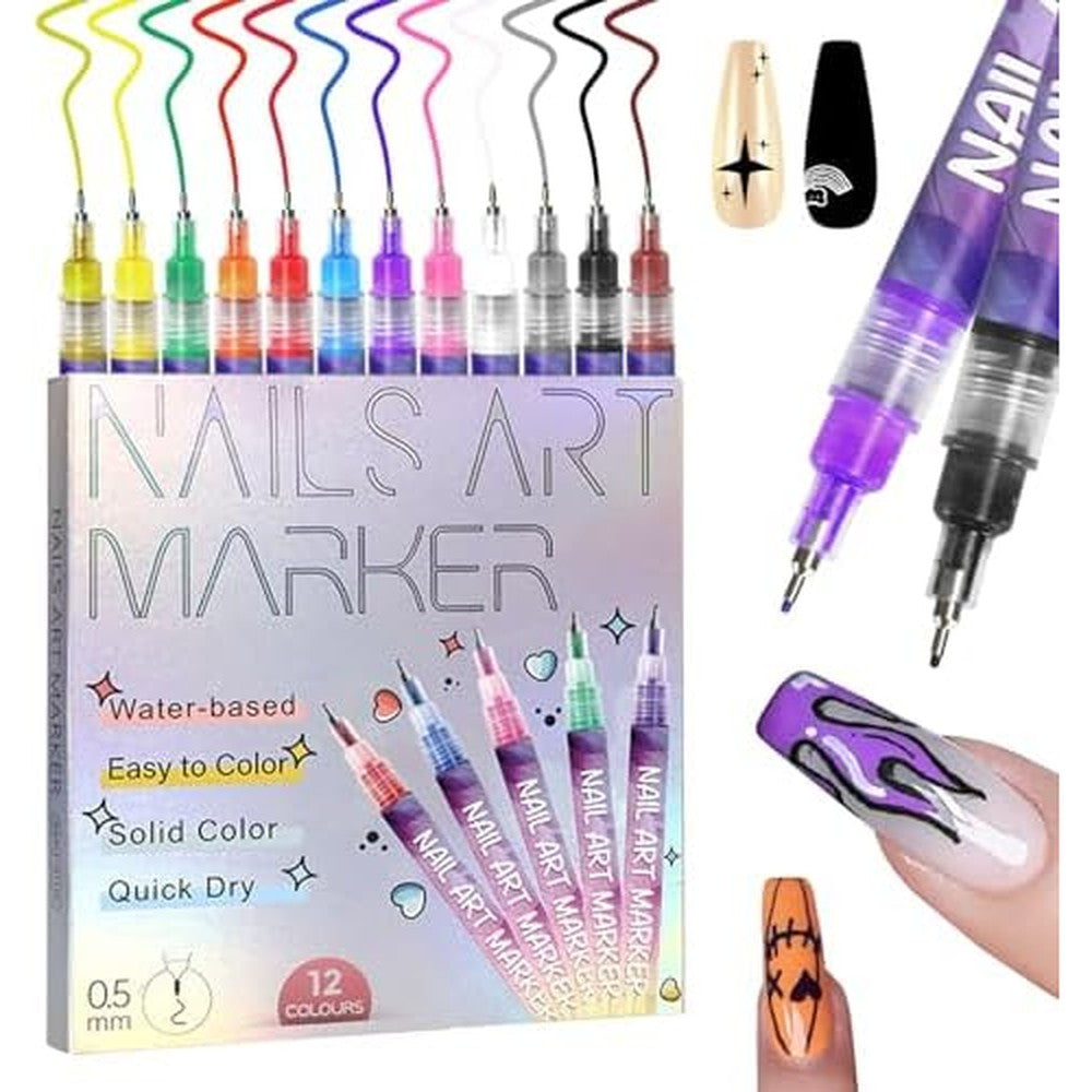 QEXA 12 color nail art pen set front view with fine tips