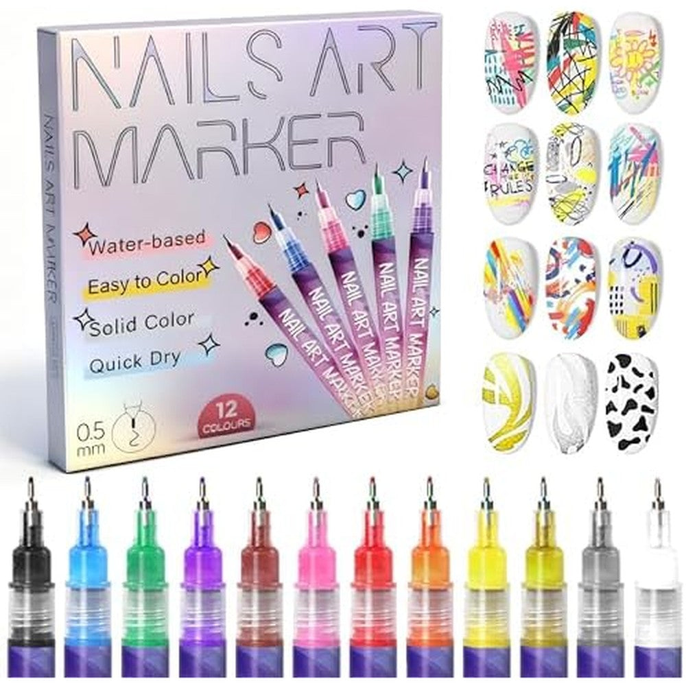 MKNZOME 12 Color Nail Art Pens Set front view with 0.5mm fine tips.