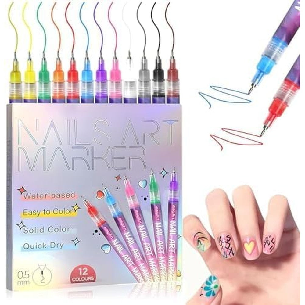 Protectmeter 12 Color Nail Art Pens Set 0.5 Millimeter Fine Tip Water Based Quick Dry Marker Pens For Diy Manicure Design - Image 1