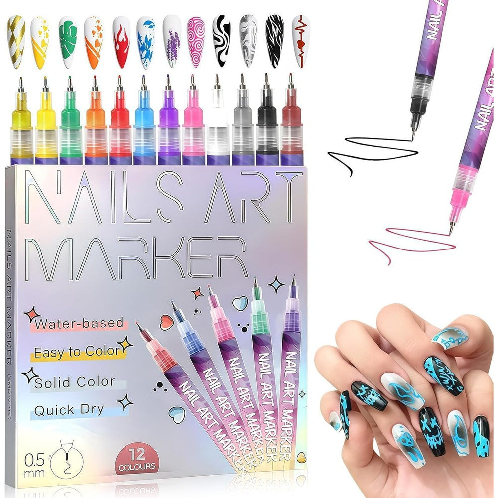 Fodeuxp 12 Colors Nail Art Pens set showing all shades.