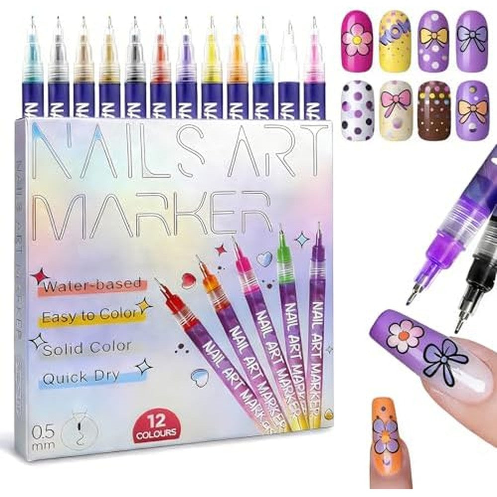 Piyupor 12 Colors Nail Art Marker Pens Set front view