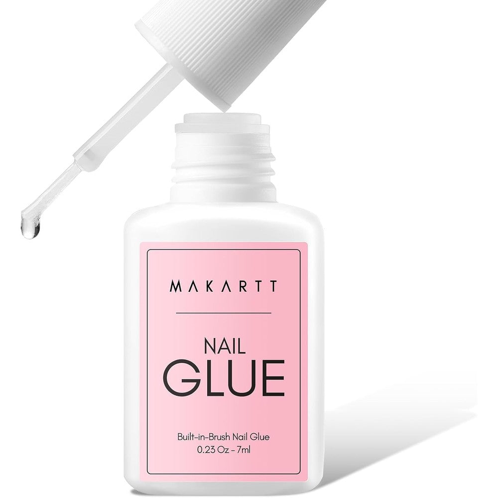 Makartt Super Strong Nail Glue front view bottle with brush applicator showing clear adhesive liquid.