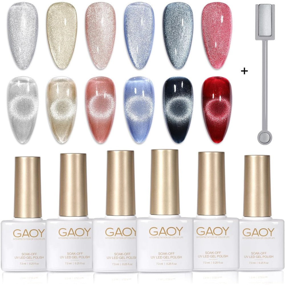 Gaoy holographic glitter cat eye gel polish set with 6 colors and magnet