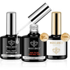 Modelones nail glue gel kit front view showcasing three 15 milliliter bottles.