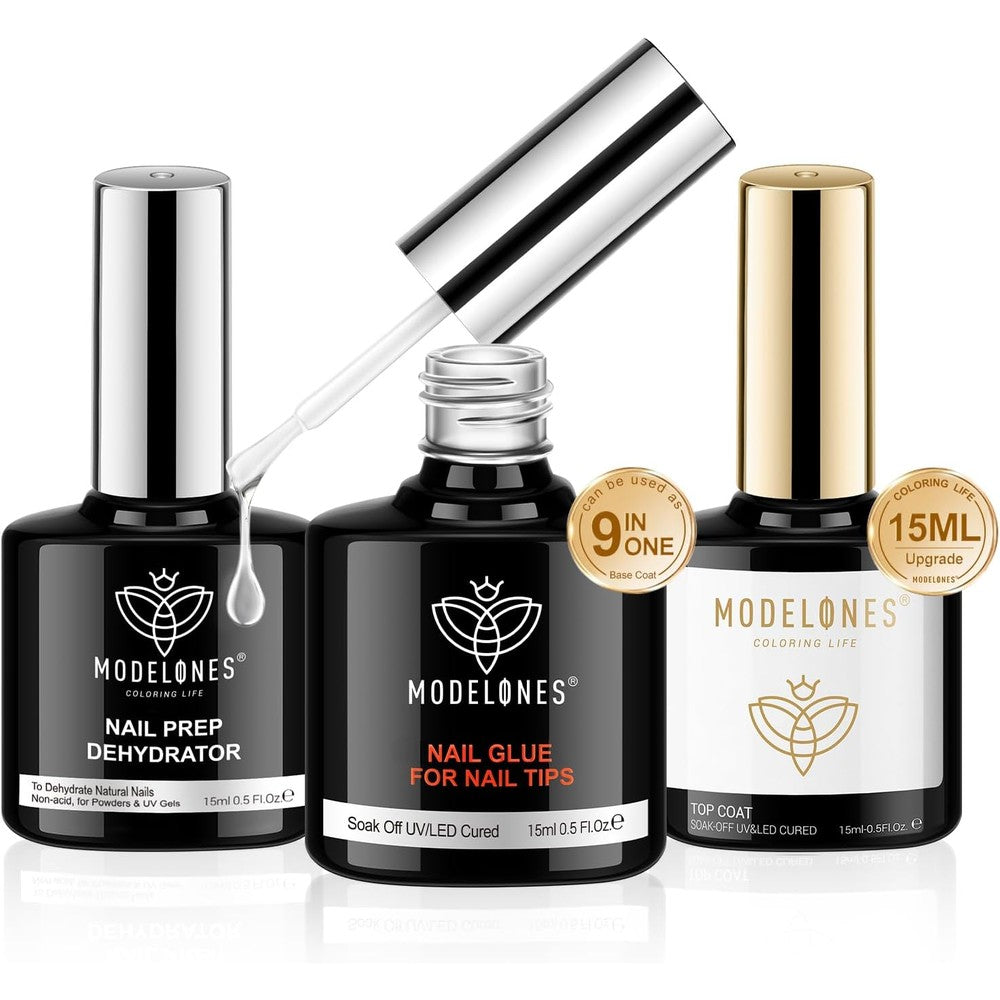 Modelones Nail Glue Gel With Top Coat And Prep Dehydrator 3 Pieces 15 Milliliters 9 In One Gel Kit For Easy Nail Extension And Long Lasting Wear - Image 1