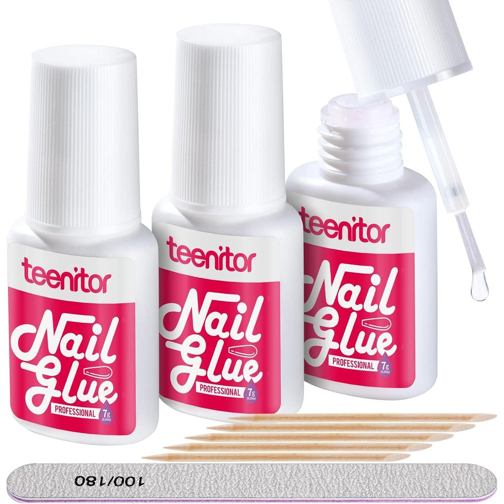 Teenitor 3-pack professional brush-on nail glue front view
