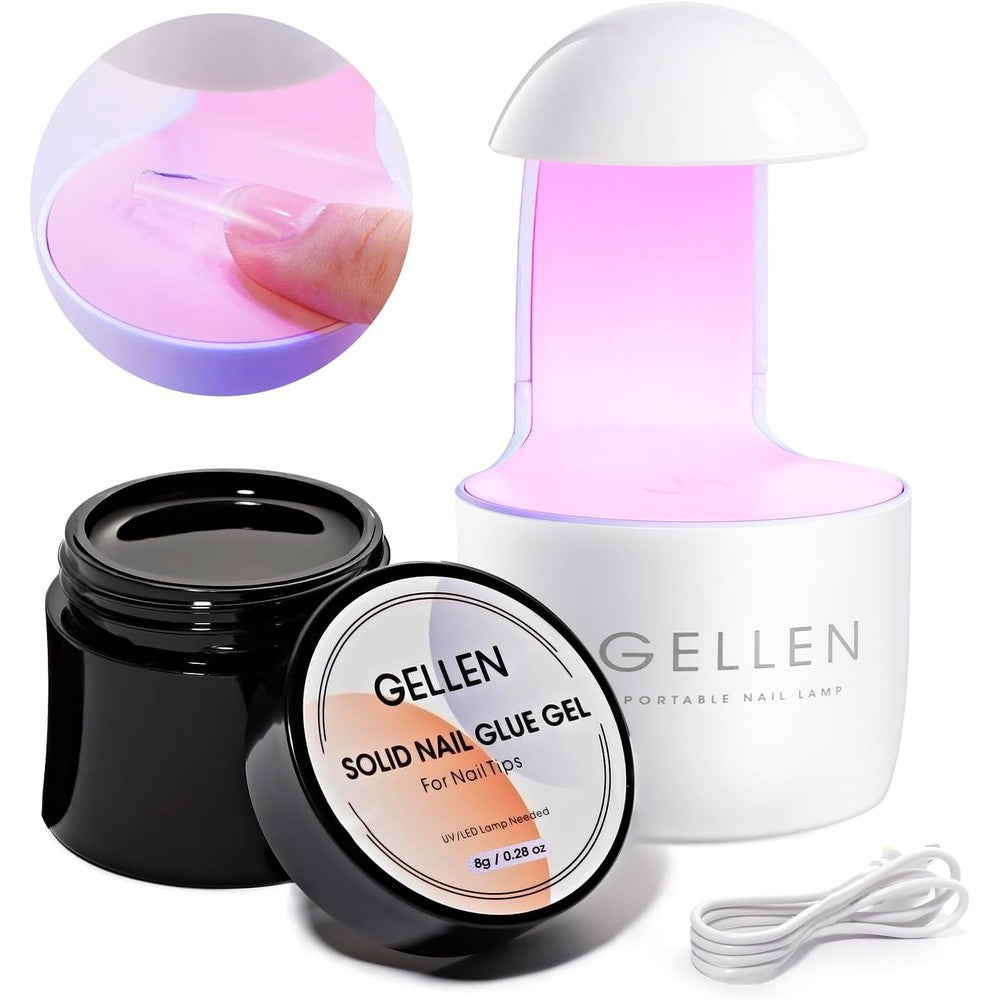 Gellen solid nail glue gel kit packaging with UV lamp front view