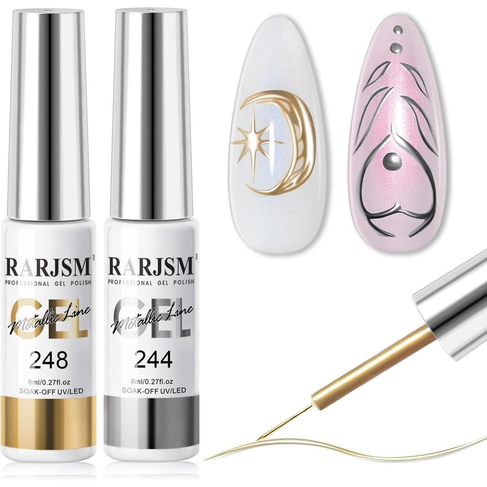 Rarjsm metallic gel liner nail art set silver and bronze gold front view