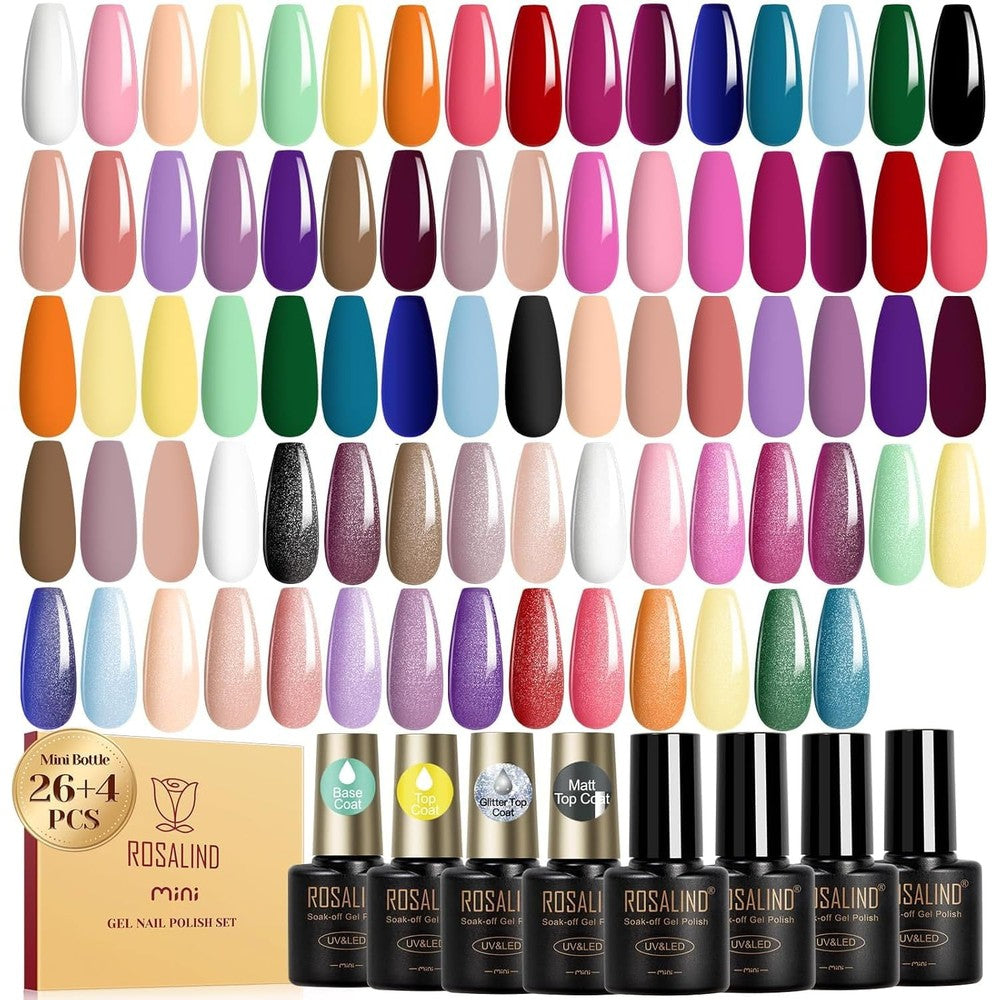ROSALIND 30pcs gel nail polish set featuring 26 rainbow colors and 4 treatment bottles