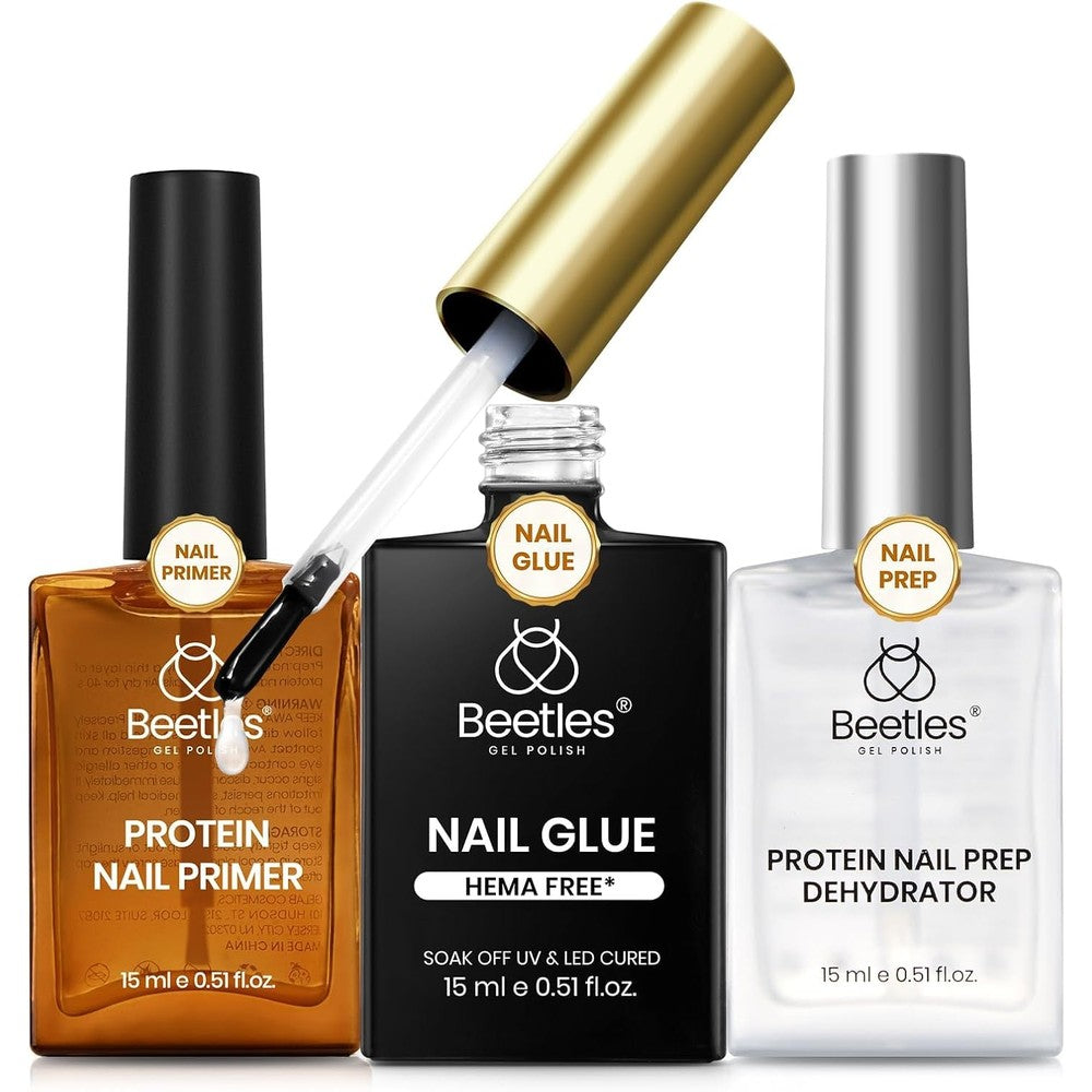 Beetles 3 Pieces 15 Milliliter HEMA-Free Nail Prep And Glue Set Professional Protein Dehydrator Bond Primer And 9 In 1 Nail Gel Glue - Image 1