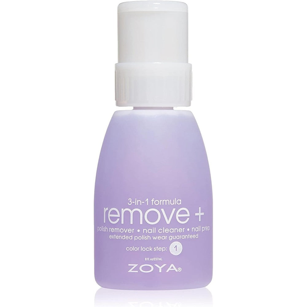 ZOYA Remove Plus Three In One Formula front view of the eight fluid ounce bottle showcasing salon grade nail polish remover