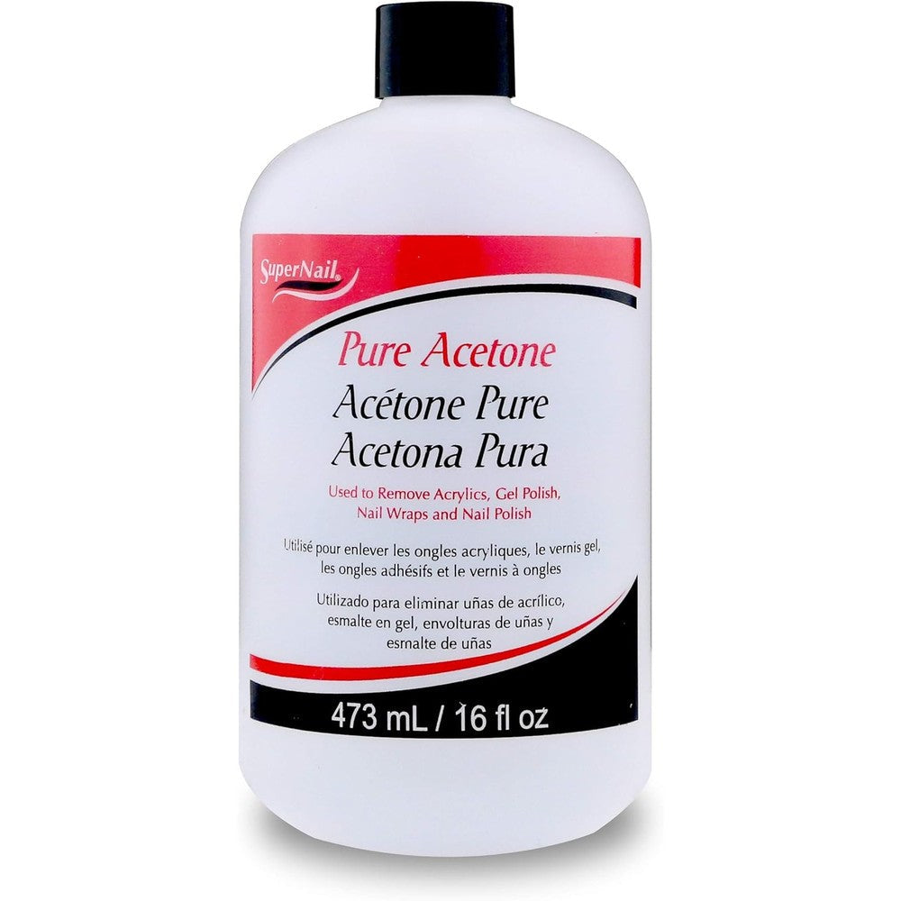 SuperNail Pure Acetone Nail Polish Remover sixteen fluid ounces front view bottle showing professional salon packaging
