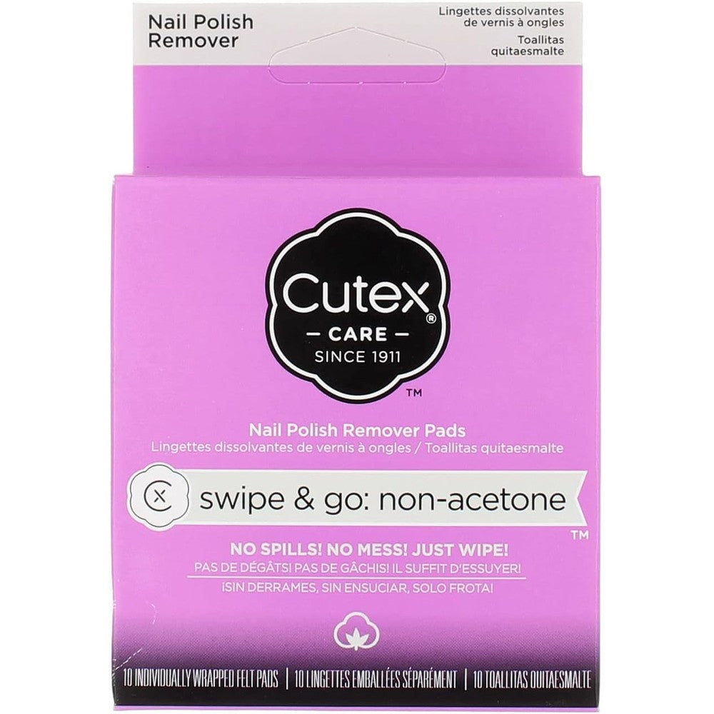 Cutex Care Swipe and Go non acetone nail polish remover pads front retail box pack of ten