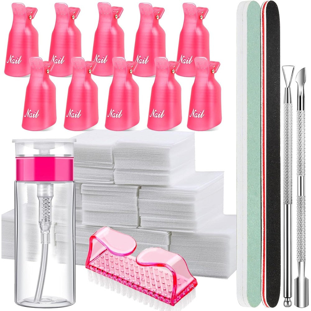 FANDAMEI nail polish gel remover tools kit front view containing clips bottle and files for professional manicures