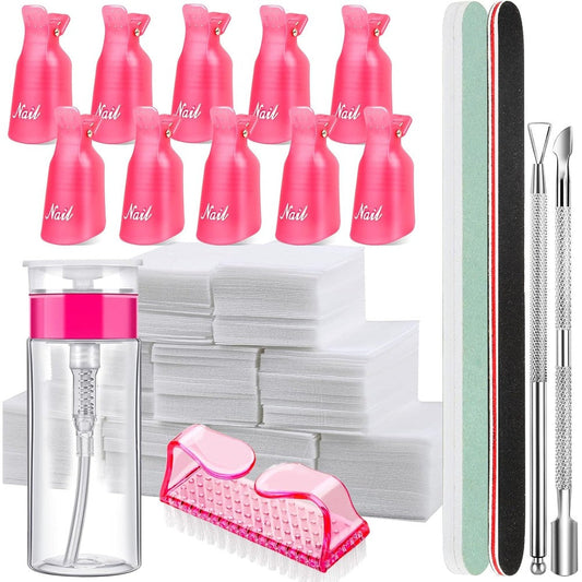 FANDAMEI nail polish gel remover tools kit front view containing clips bottle and files for professional manicures