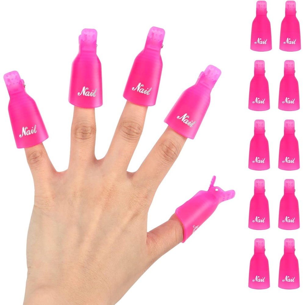 Ponjowl plastic acrylic nail art soak off cap clips pink ten count front view showcasing the clamp mechanism.