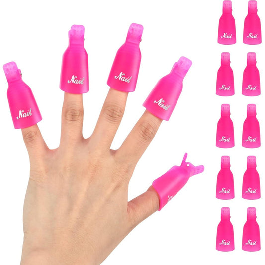 Ponjowl plastic acrylic nail art soak off cap clips pink ten count front view showcasing the clamp mechanism.