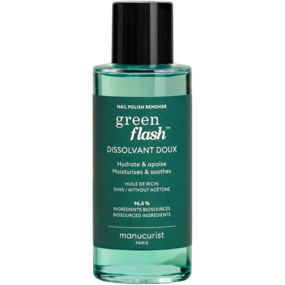 Manucurist Green Flash Gel Nail Polish Remover front view of the three point three eight fluid ounce bottle
