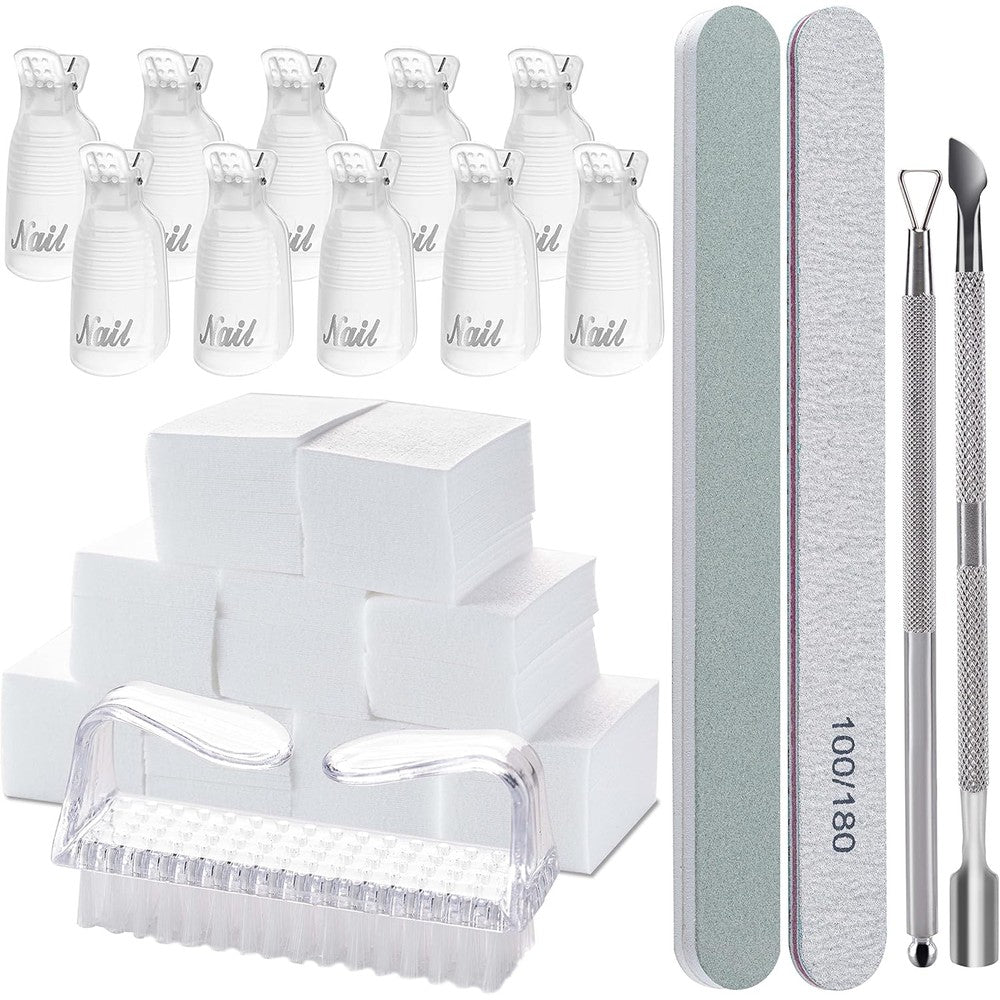 Hoewina Gel Polish Remover Tools Kit front view showing clear plastic finger clips and lint free wipes pack.