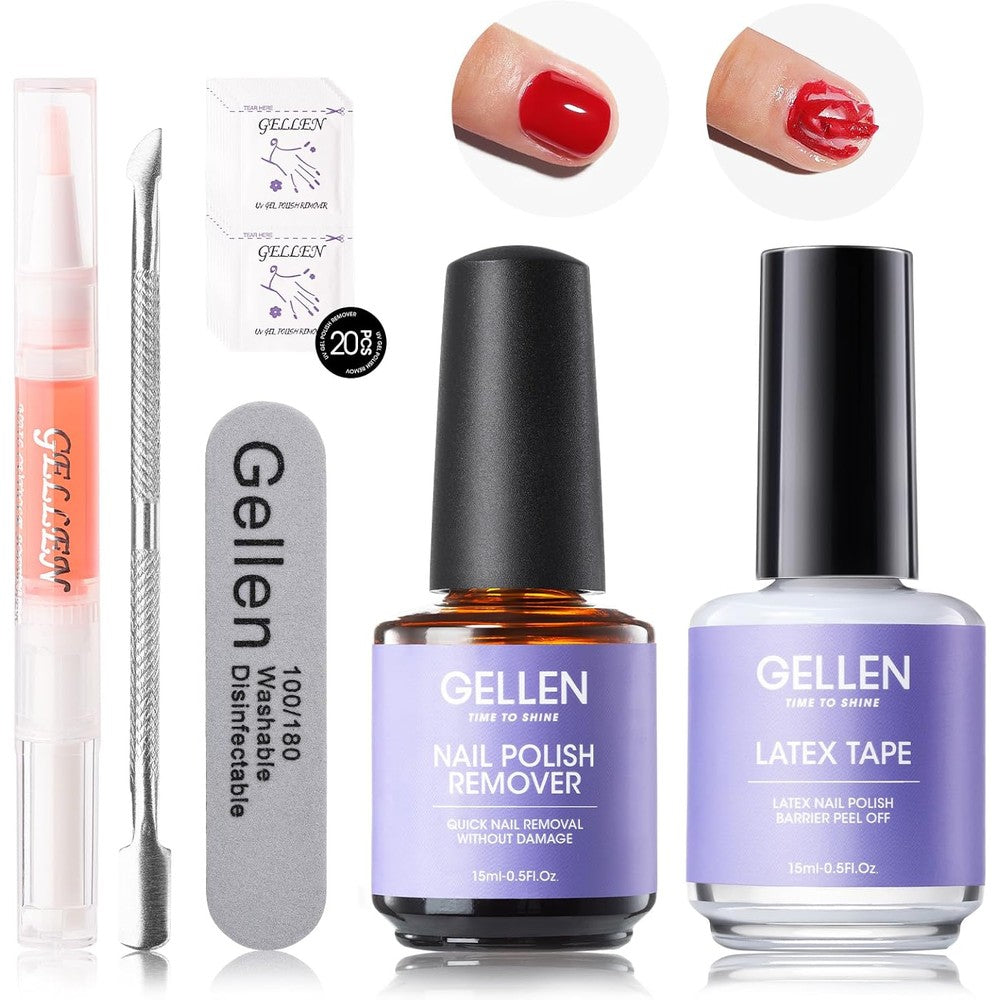 Gellen Gel Polish Remover Kit front packaging view with bottles and manicure tools