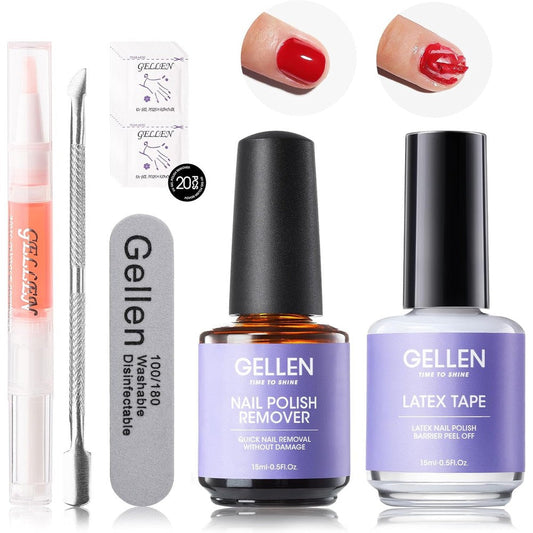 Gellen Gel Polish Remover Kit front packaging view with bottles and manicure tools