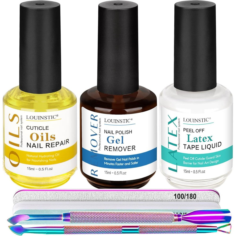 Louinstic Gel Nail Polish Remover Kit front view showing the fifteen milliliter bottle alongside manicuring tools and cuticle oil.