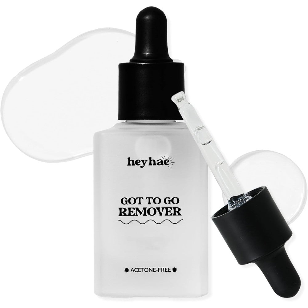 Heyhae Got To Go Remover front view of the premium gel nail strip remover bottle showing the clean dropper applicator design.