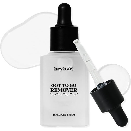 Heyhae Got To Go Remover front view of the premium gel nail strip remover bottle showing the clean dropper applicator design.