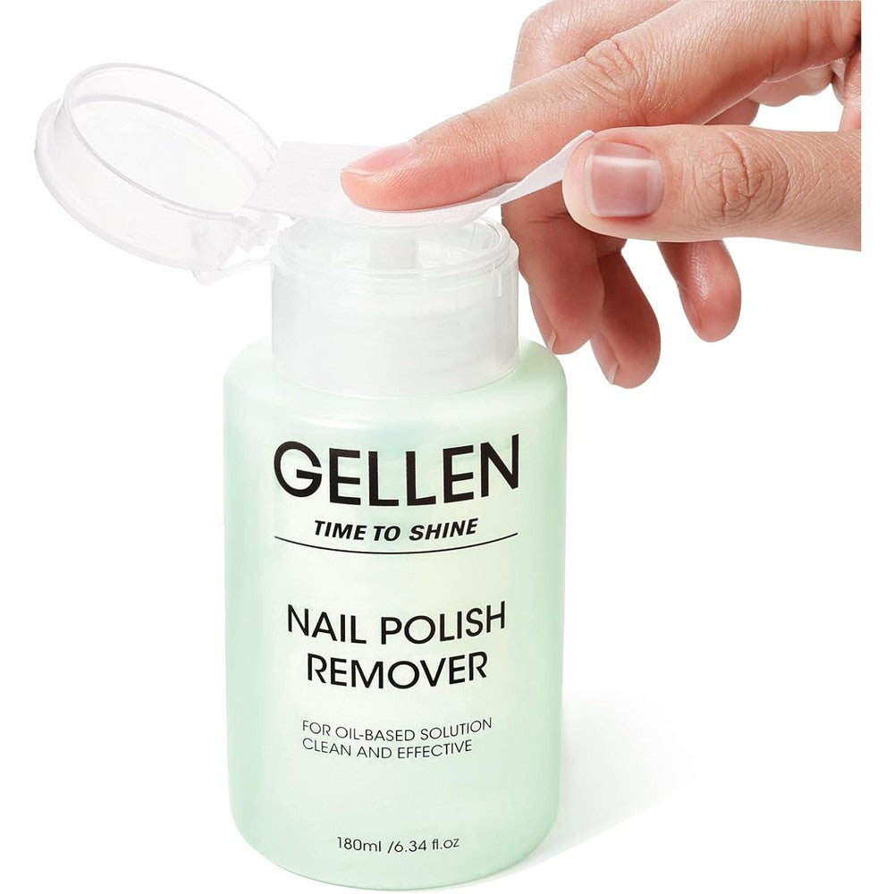 Gellen Non Acetone Nail Polish Remover bottle front view showing the push down pump dispenser.