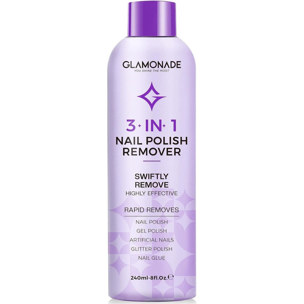 Glamonade acetone gel nail polish remover 8 fluid ounce bottle front view highlighting the grape seed oil blend